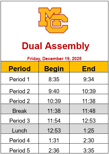 Dual Assembly Bell Schedule 12/19/2025