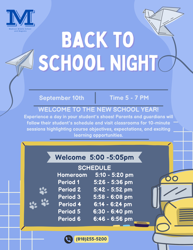 Back to School Night! Thursday, September 10th starting at 5:00 pm