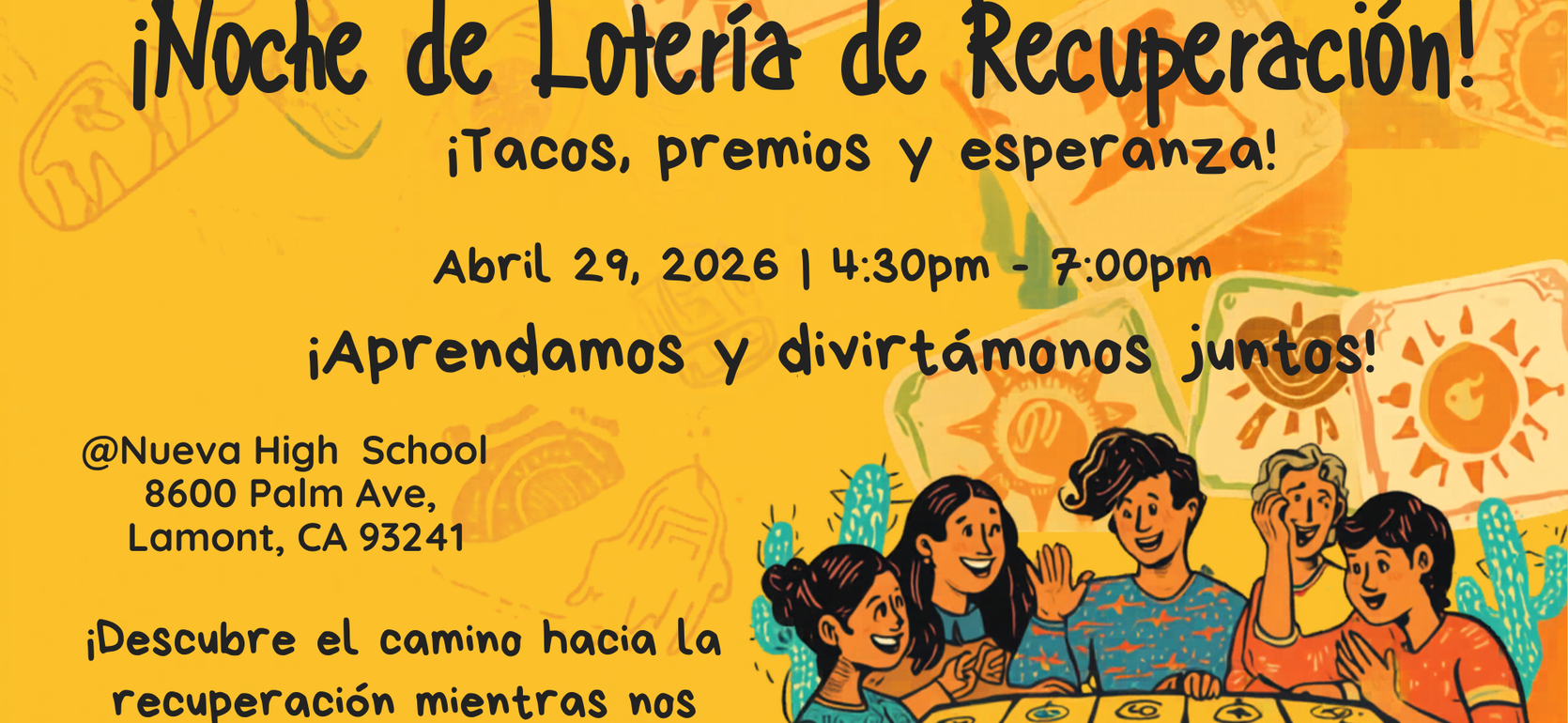 Colorful event flyer featuring diverse people celebrating with food and games.