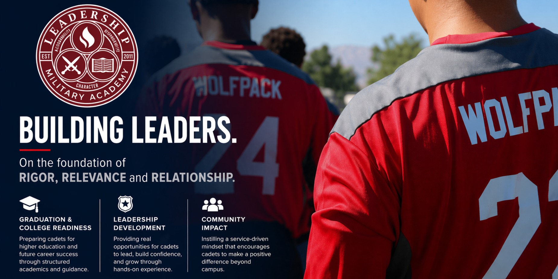 Red and gray team jerseys with text promoting a leadership academy.