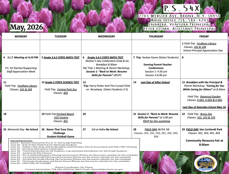 May calendar of activities with pink flowers in the background