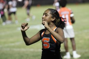 Cheerleader performs enthusiastically on the field during a game.