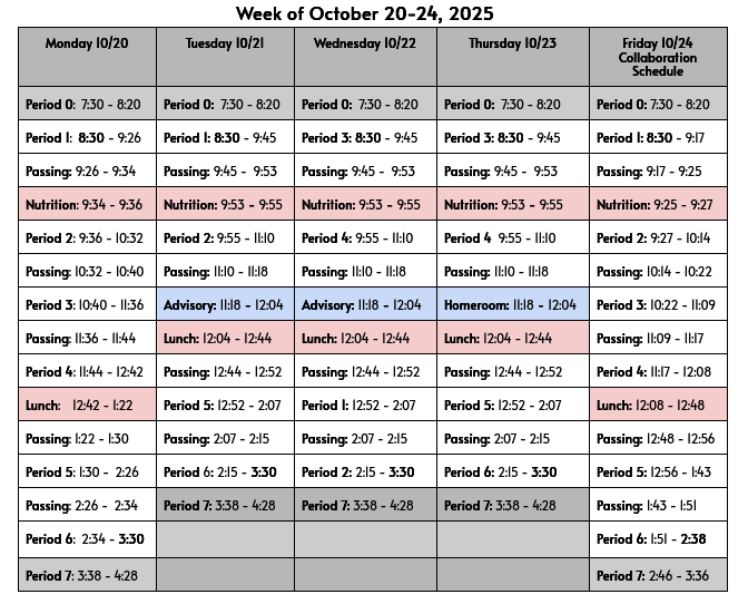 Weekly bell schedule