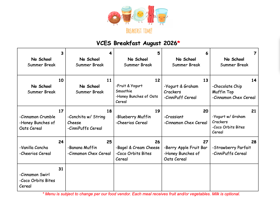 valley charter elementary school monthly breakfast menu