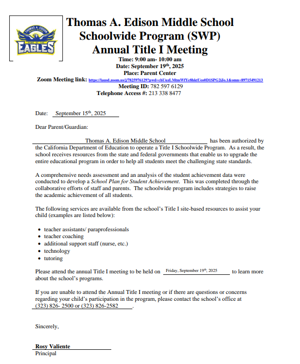 Thomas A. Edison Middle School Schoolwide Program (SWP) Annual Title I Meeting