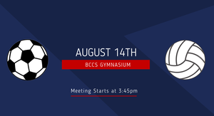 Flyer for soccer and volleyball with information about a meeting