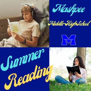Summer Reading showing a boy with headphones reading and a girl reading outside