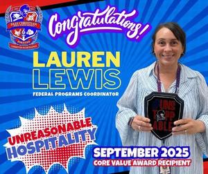 Congratulations to Mrs. Lauren Lewis, our Administrative Hero of the Month!