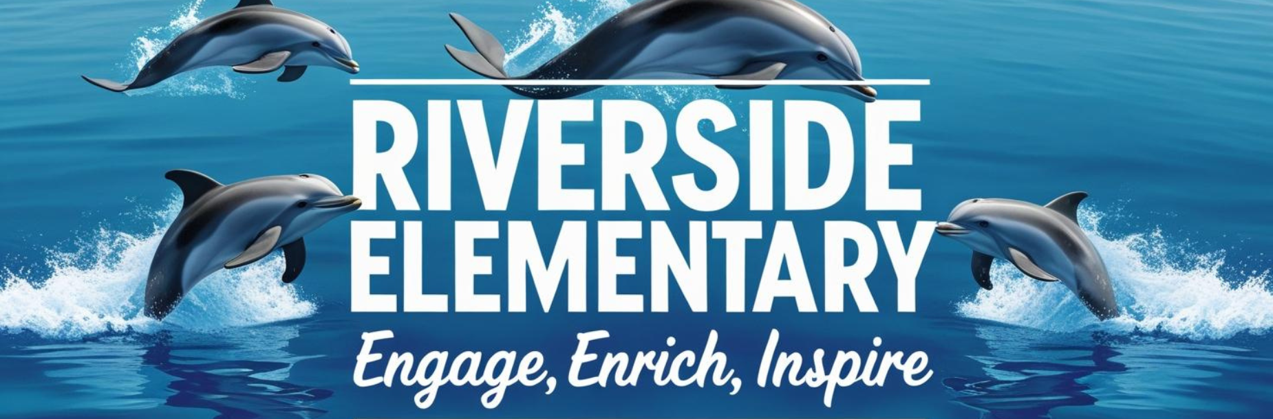 Four dolphins jumping out of water above the text 'Riverside Elementary Engage, Enrich, Inspire'.