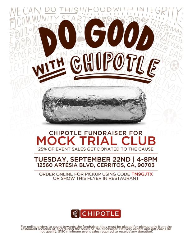 WHS Mock Trial Club fundraiser at Chipotle on Tuesday, September 22nd from 4 - 8pm