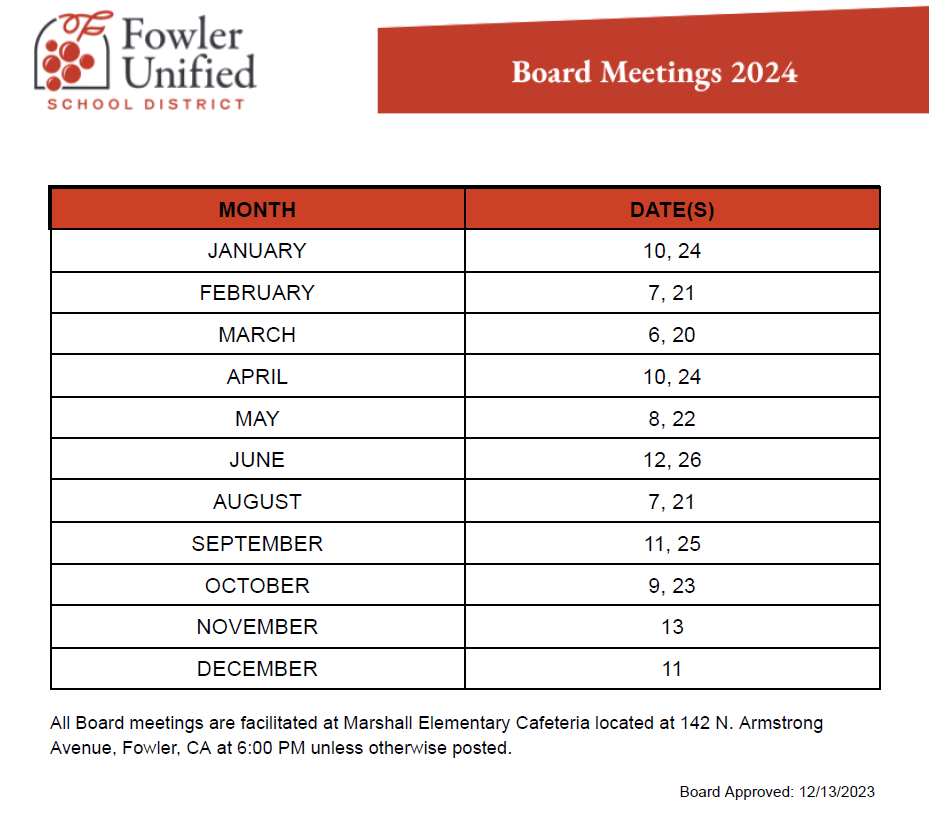 Board Meeting Schedule – Board – Fowler Unified School District