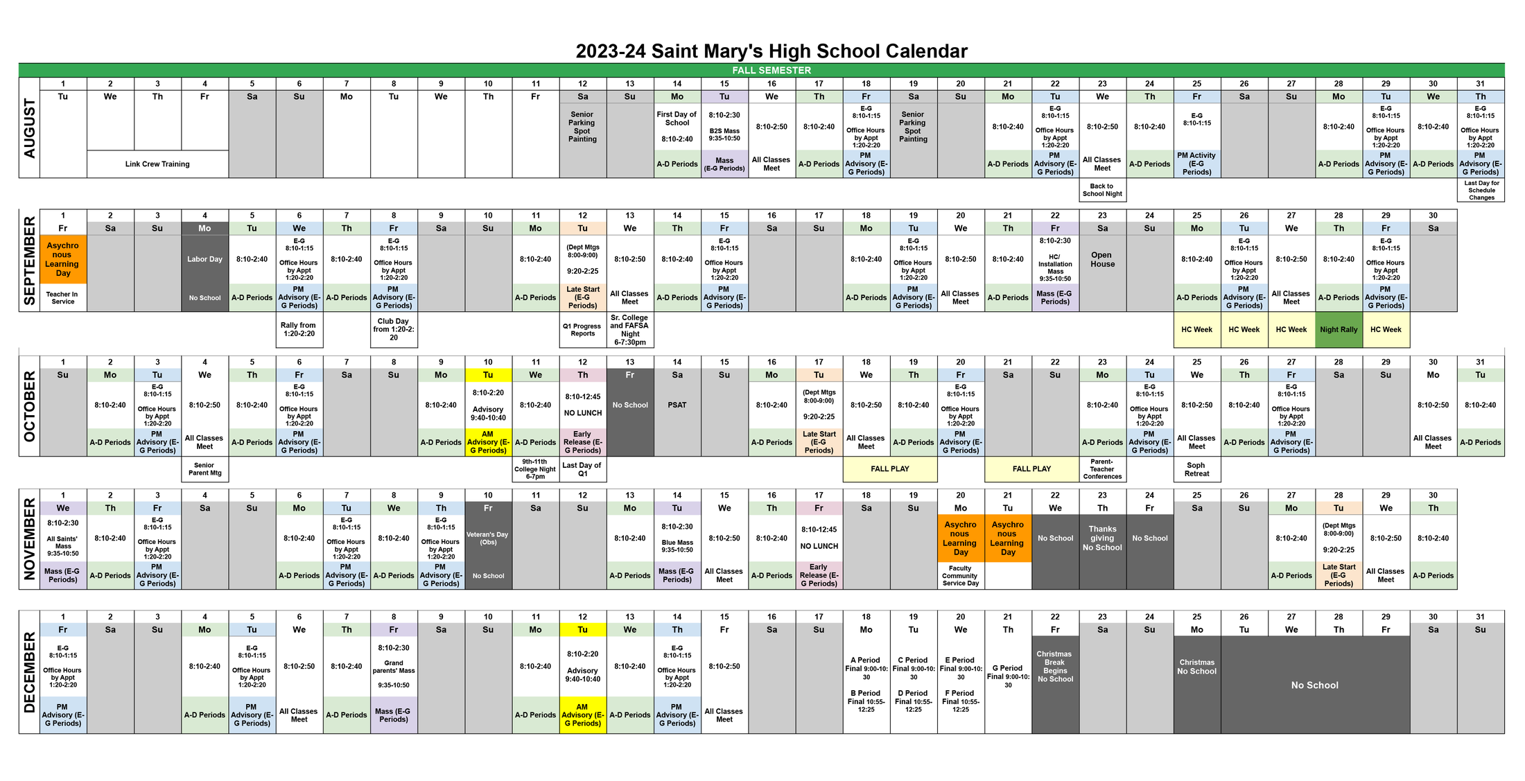23-24 Bell Schedule Overview - StudentPortal - Saint Mary's High School