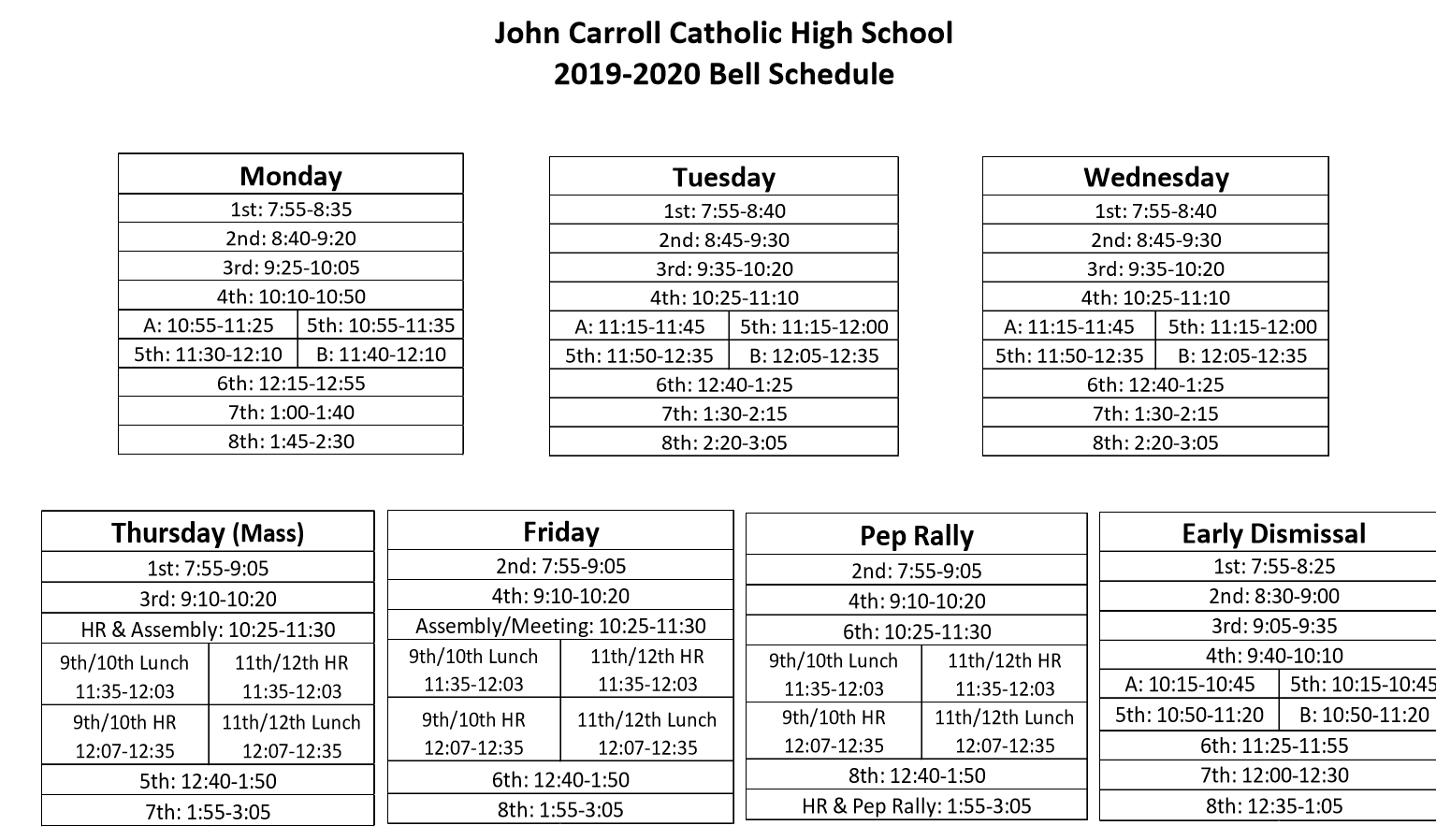 Bell Schedule Summary Calendar Students John Carroll High School