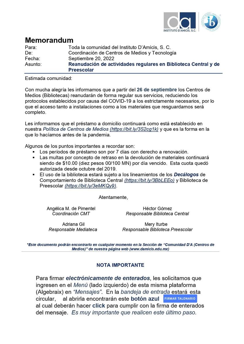Memo reapertura Centros Medios