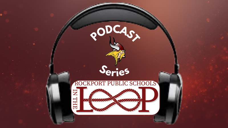 Red background with a pair of headphones and the words in the loop podcast