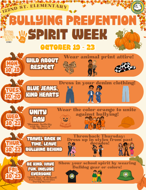 A flyer highlighting Bullying Prevention Spirit Week