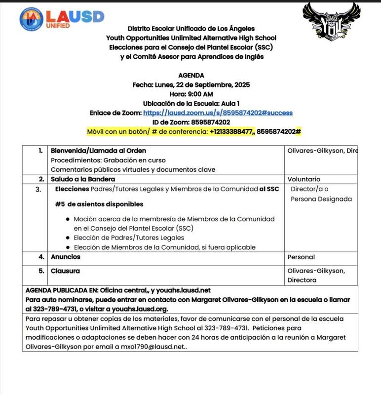 YOUAHS SSC Parent Elections 9/22/25 at 9 AM, hybrid in Room 1 or Zoom, same link as orientation.