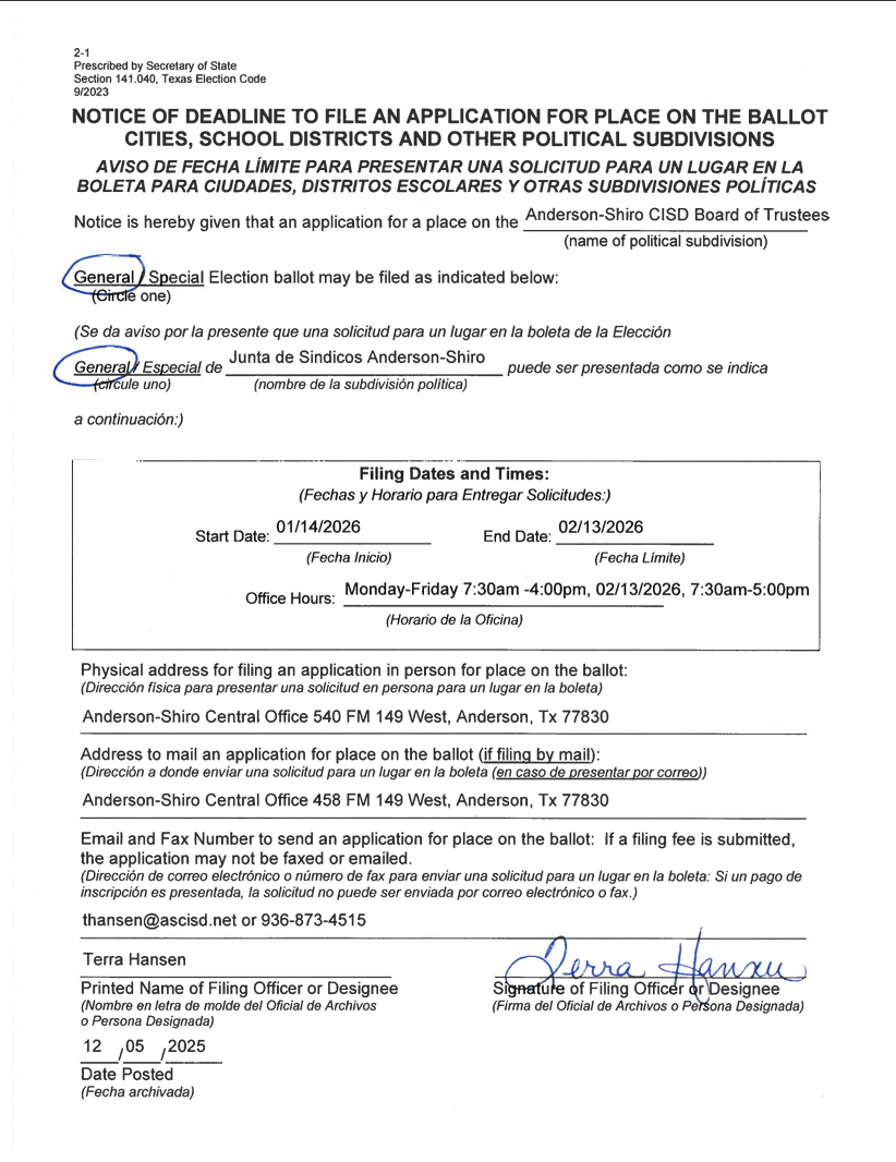 Notice of Deadline to File an application for place on the ballot cities, school districts and other political subdivisions. Deadline to file is February 13th