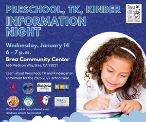 flyer with photo of young girl writing on a piece of paper. Details about the Preschool, TK and Kinder Info Night