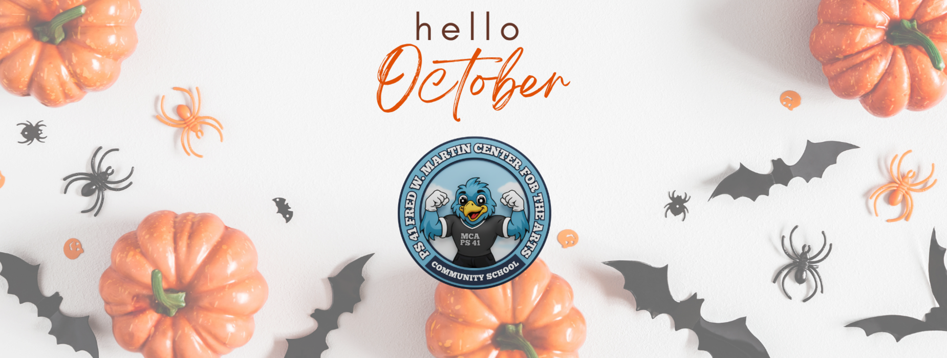 Halloween-themed design with pumpkins, bats, and the text 'hello October'.