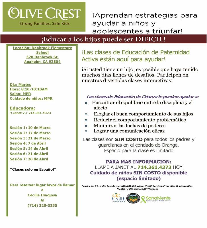 Flyer in spanish for classes offered by Olive Crest at Danbrook