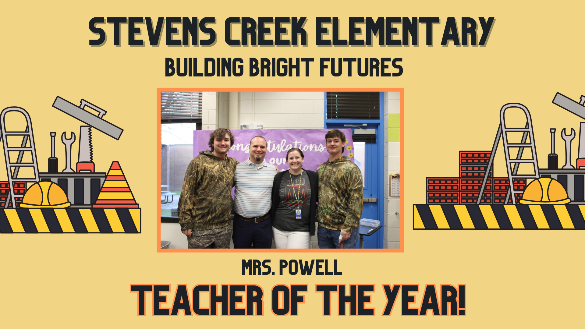 Celebration banner for Stevens Creek Elementary's Teacher of the Year with four people.
