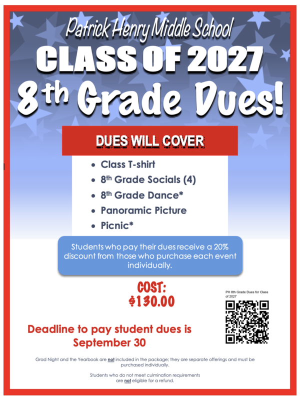 Class of 2027 8th grade dues information