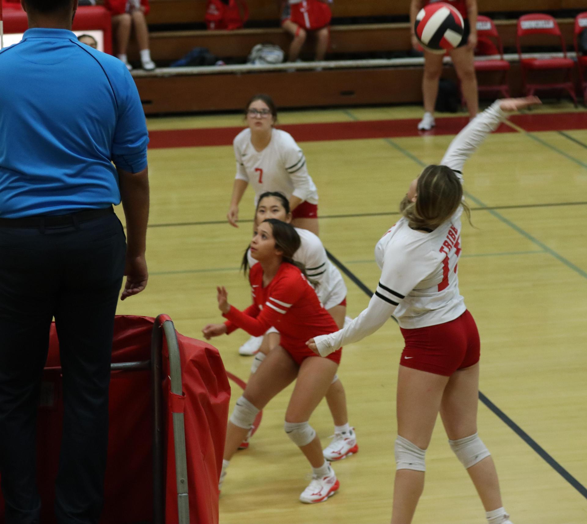 varsity volleyball players in action against golden valley