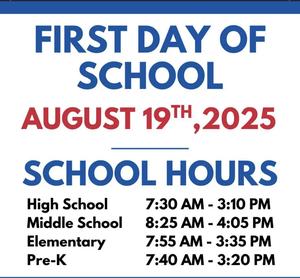 Graphic showing first day of school and school hours
