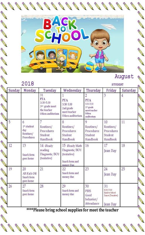 August 2018 Student Calendar