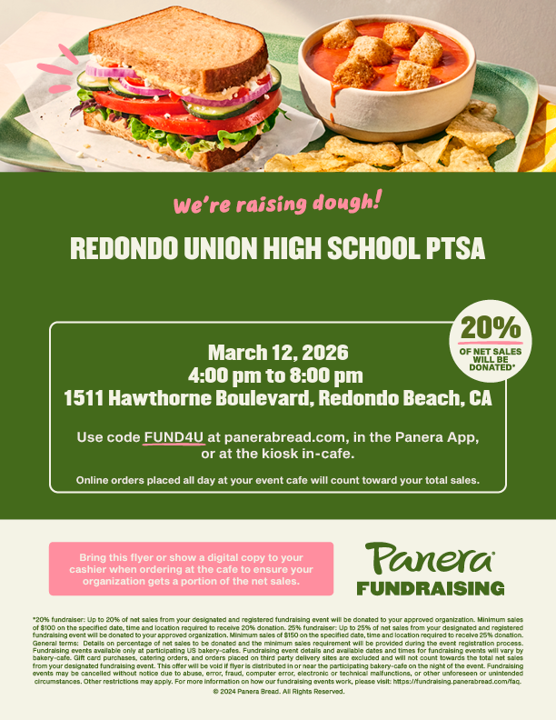 Thank you Panera for giving 20% back to RUHS PTSA