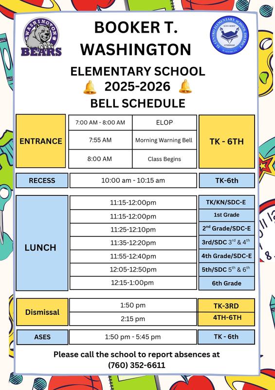 Booker T. Washington Elementary School 2025-2026 Bell Schedule