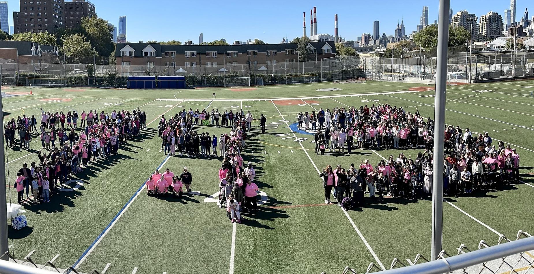 Large crowd in pink, forming the number 993 on a sports field with a city skyline backdrop.