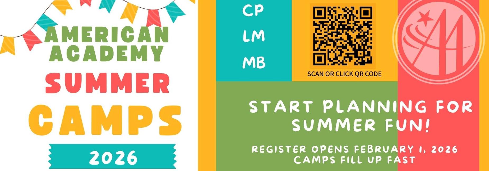 Colorful summer camp promotion for American Academy, featuring playful text and a QR code.