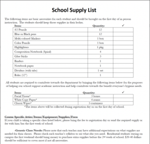 A school supply list with tables listing needed supplies