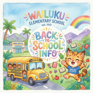 Colorful illustration of Wailuku Elementary School with a bus, rainbow, and a cute cat.