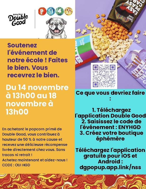 Promotional image for Double Good popcorn fundraiser, featuring text and popcorn bags. - French
