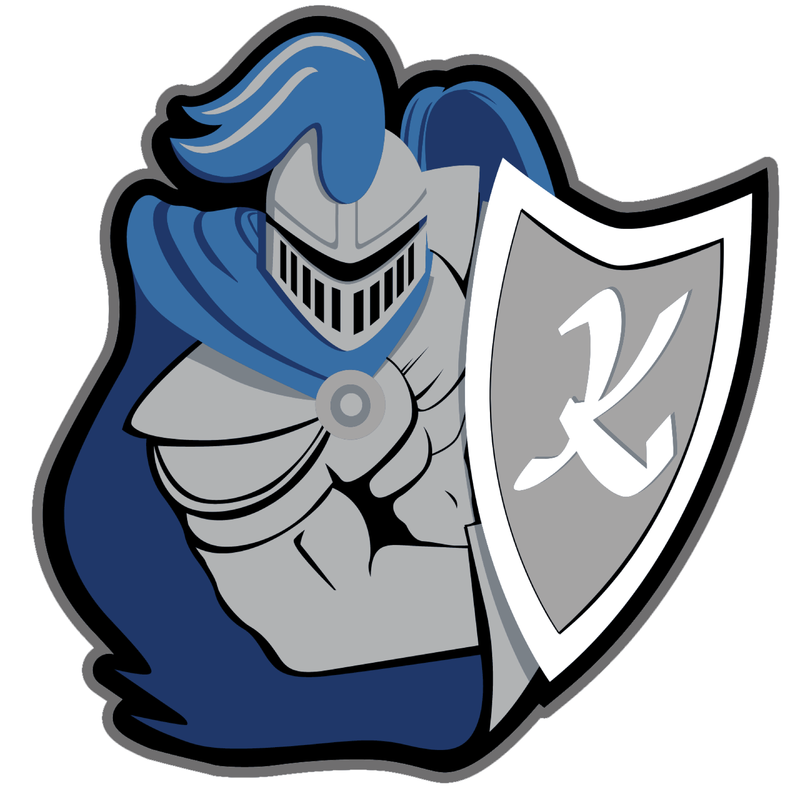 A stylized knight in armor holding a shield, wearing a blue cape.