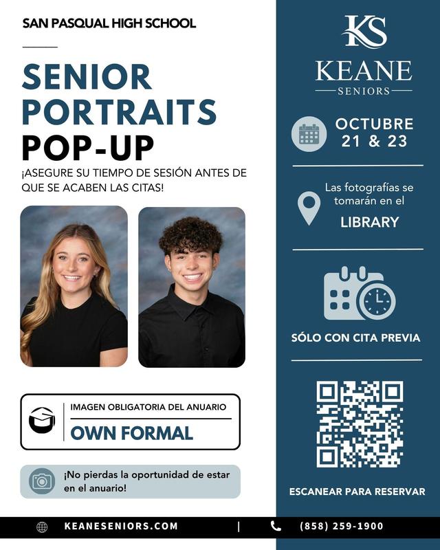 Promotional poster for senior portraits with two students and event details.