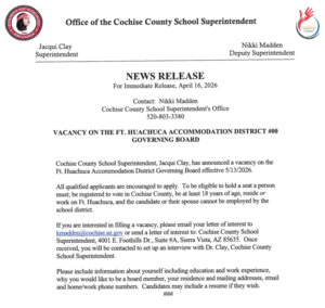 Cochise County Superintendent letterhead announcing vacancy on Ft. Huachuca Governing Board.