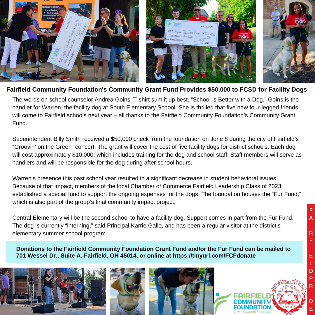 Write-up about the Community Foundation's Community Grant Fund award of $50,000 for the purchase of 5 facility dogs for our schools. 