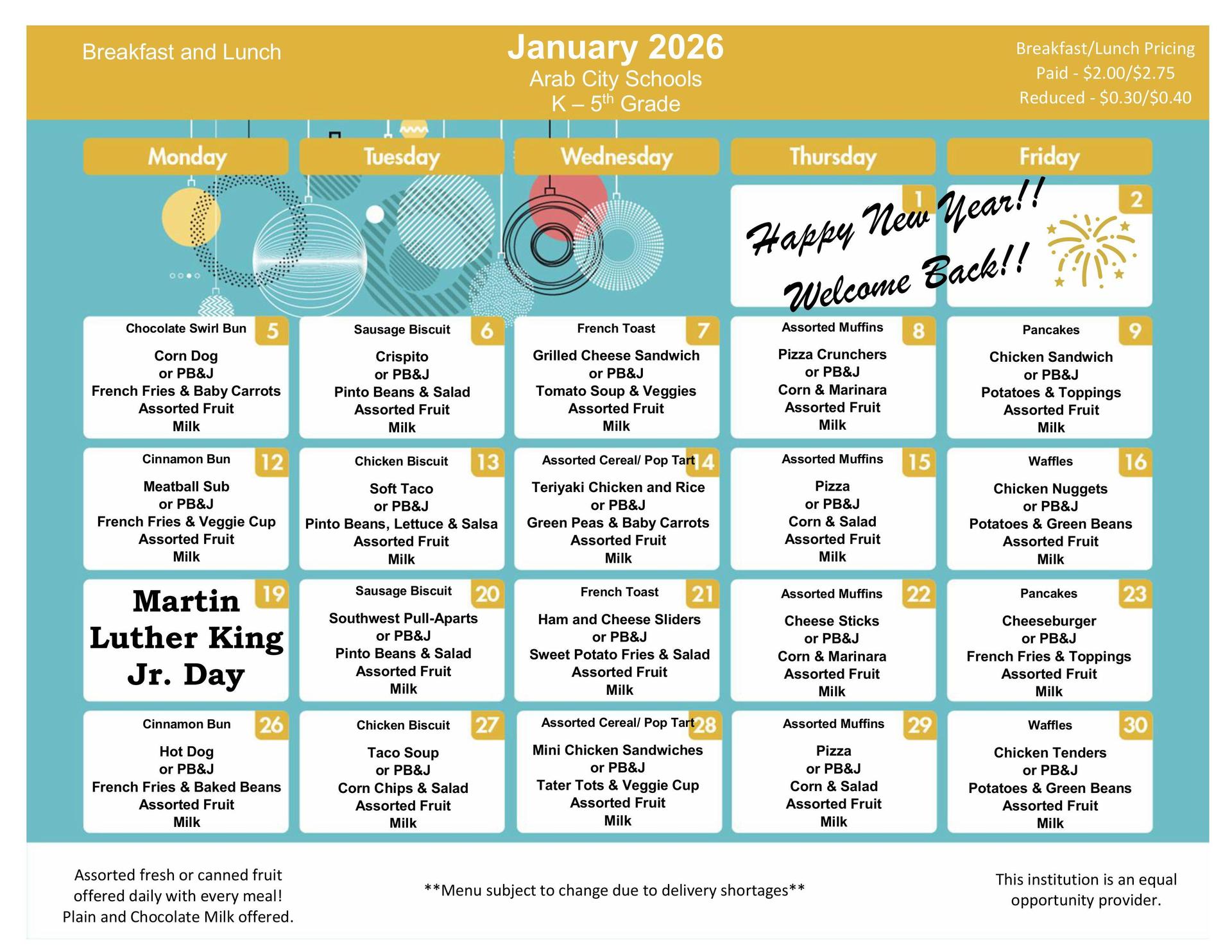 January 2026 Menu - PreK-5
