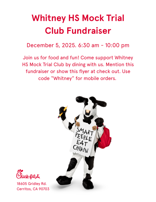 WHS Mock Trial Club is having a fundraiser at Chick-fil-A on 12/5/25 from 6am - 10pm
