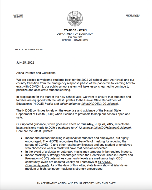 Memo from Superintendent Keith Hayashi- Updated DOH guidance for K-12 schools Featured Photo