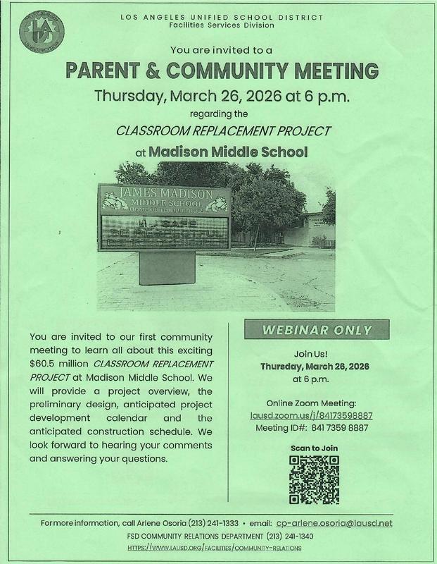 Parent & Community Meeting for Classroom Replacement Project on March 26, 2026 at 6:00 p.m.