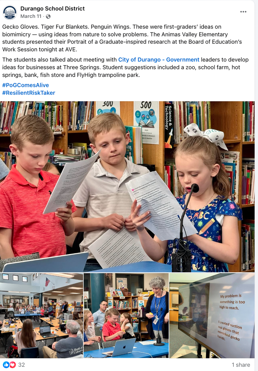 A facebook post shows children reading about their designs