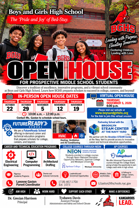 Flyer for BGHS Open House featuring in-person and virtual registration dates.