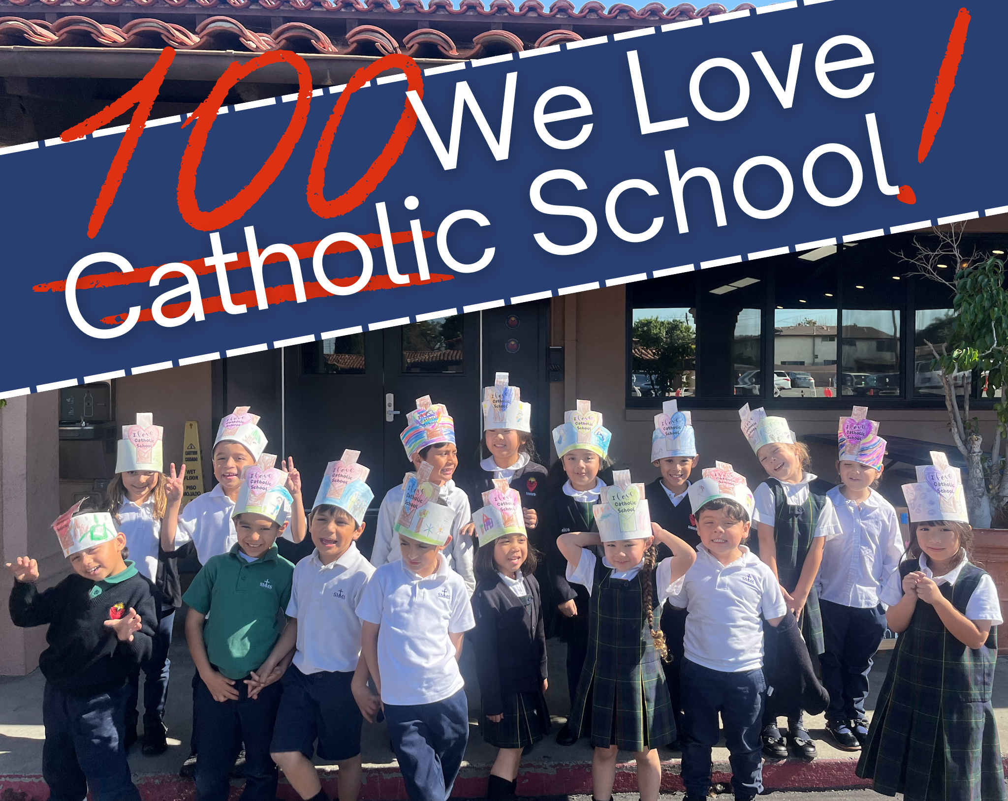Cute picture of Kindergarten during catholic schools week with paper hats on