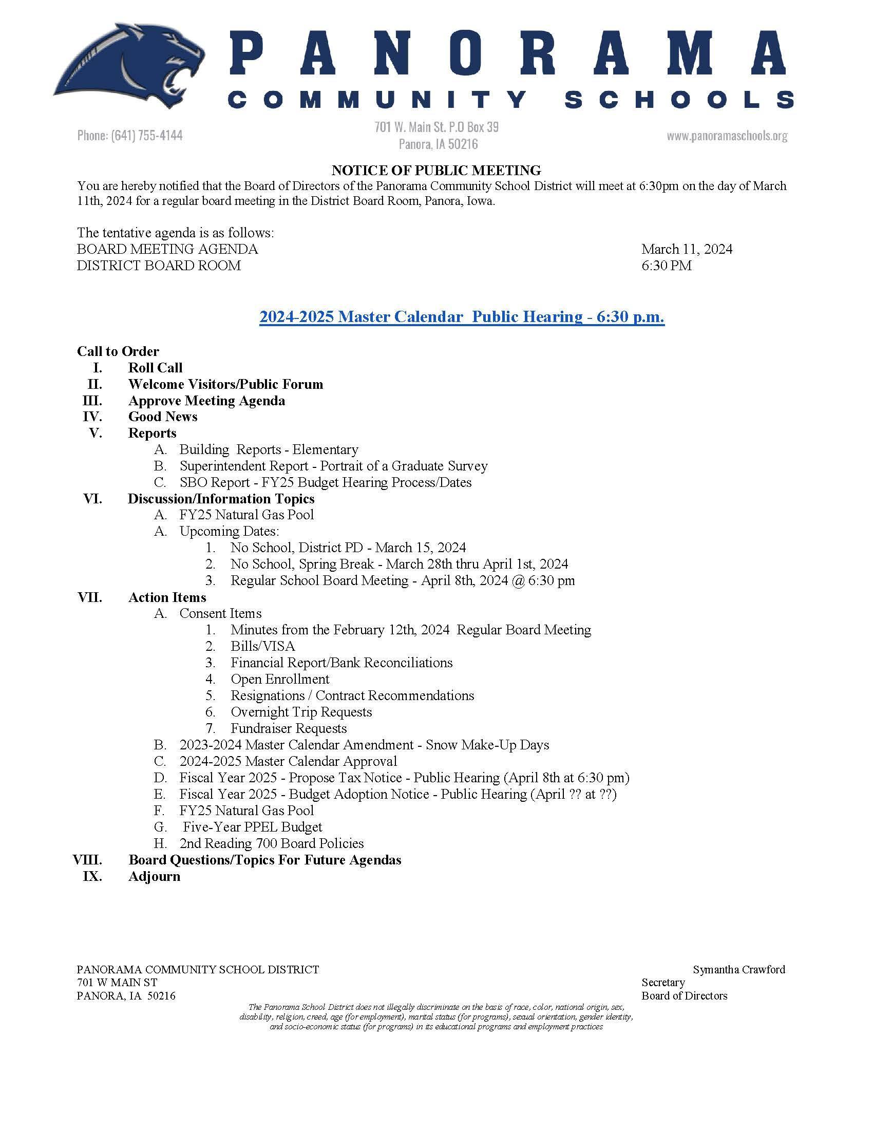 NOTICE OF PUBLIC MEETING You are hereby notified that the Board of