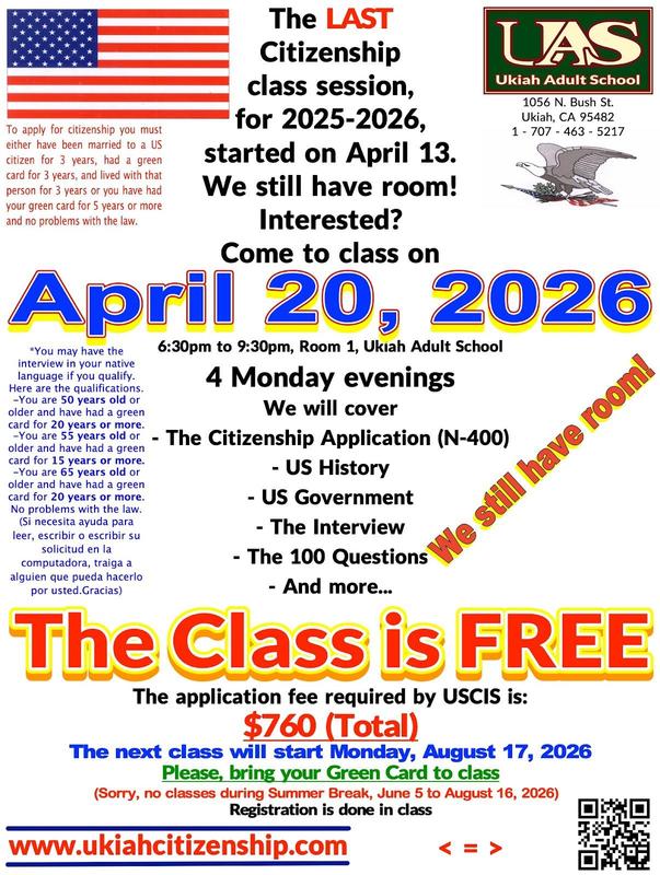 The lasat citizenship class session for this school yearr started on April 13. We still have room! Interested? come to class on Monday, April 20 poster.